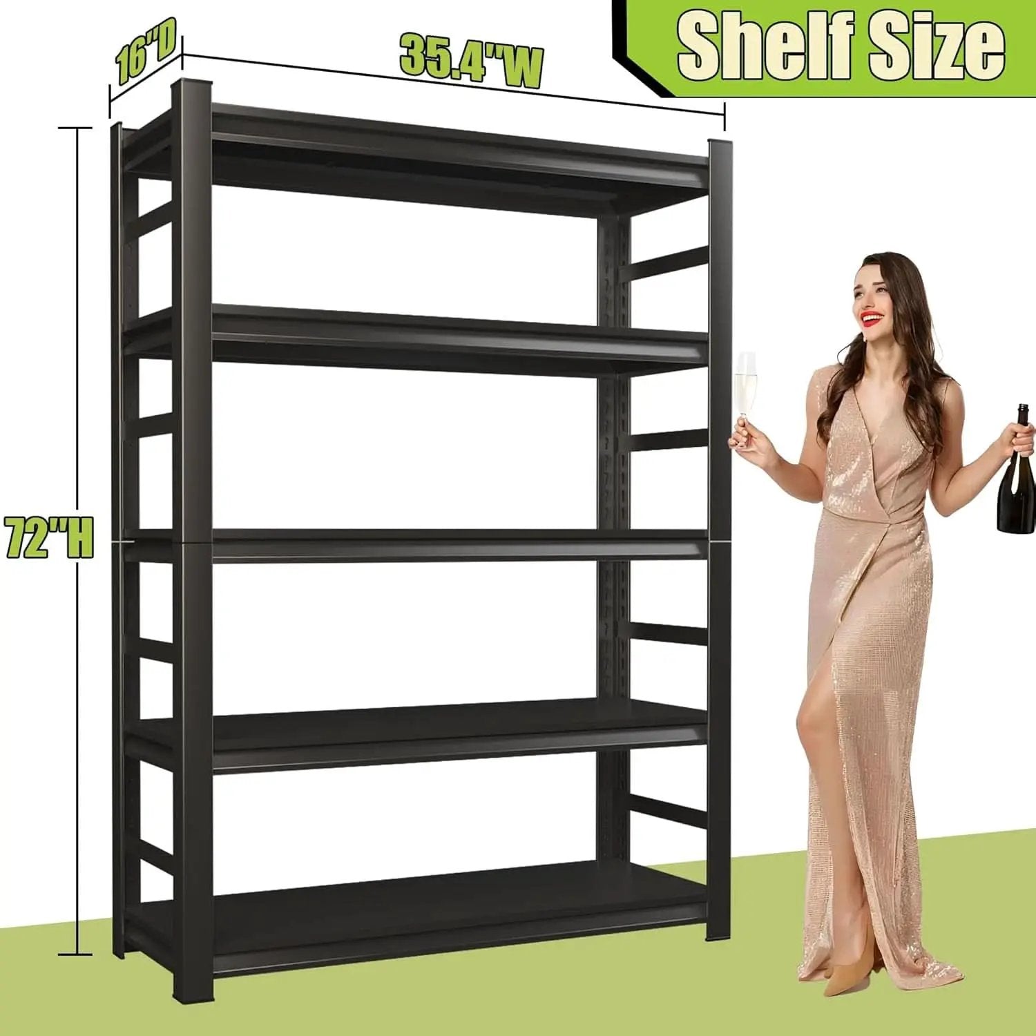 5 Tier Metal Wide Bookshelf Black Tall 72 Inch High from PriceLows™