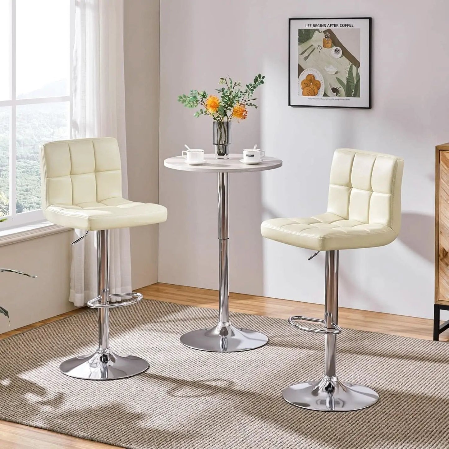 Beige Adjustable PU Leather Swivel Bar Stools Set Of 2 from PriceLows™