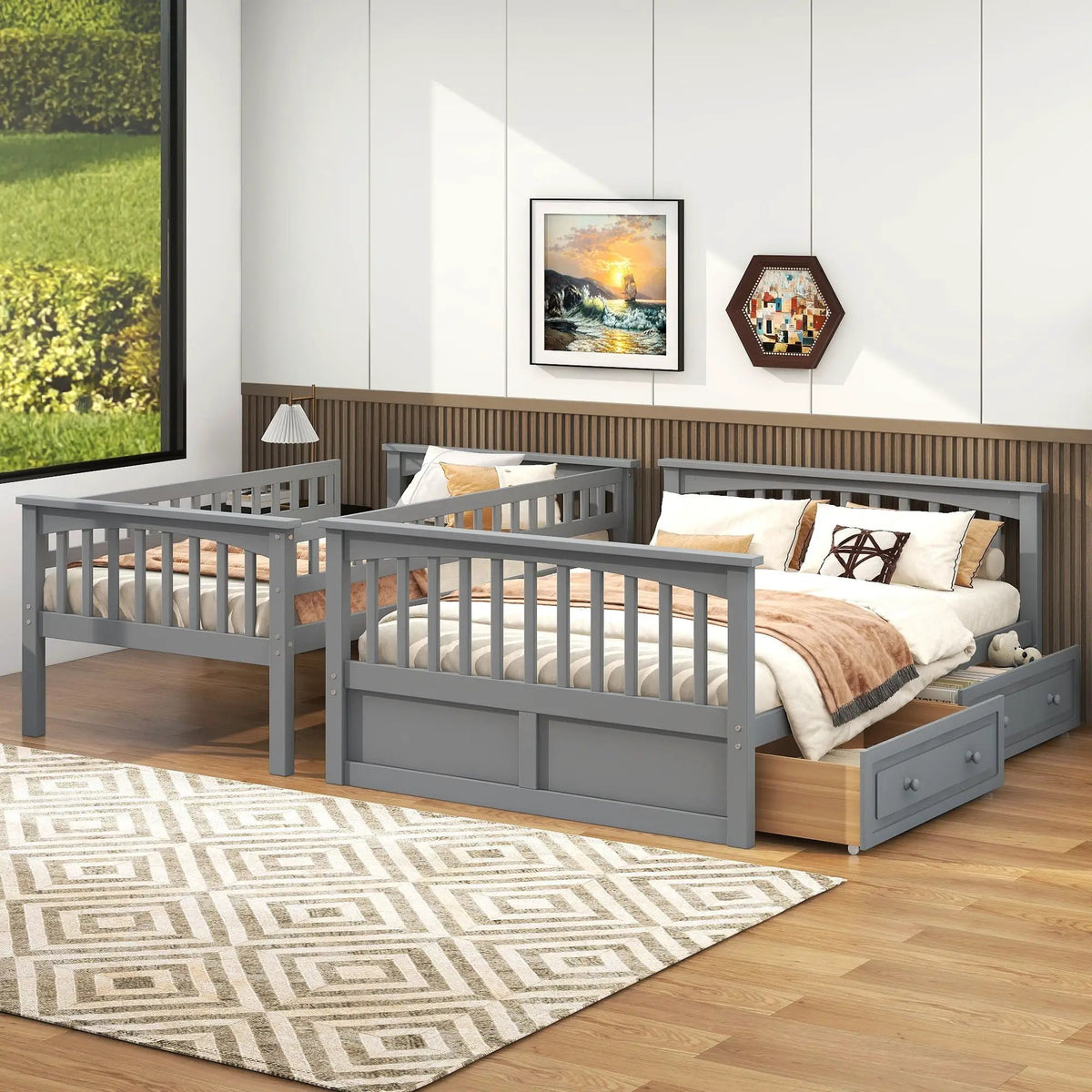 Bunk Bed With Drawers | Convertible Storage Design | Solid Pine Wood | Fence-Shaped Guardrail