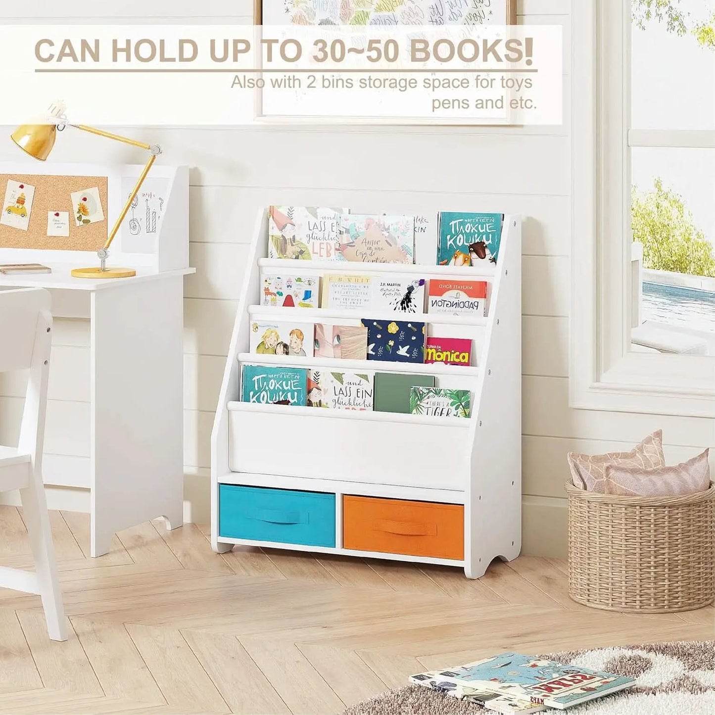 Kids Bookshelf With Storage Bins White Nursery Toddler from PriceLows™