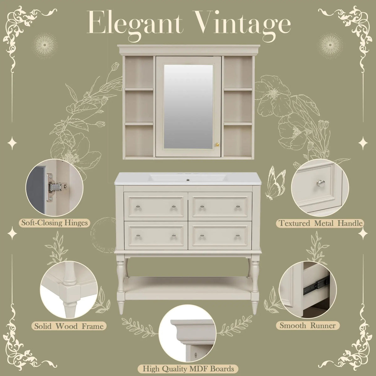 Bathroom Vanity With Medicine Cabinet | 4 Extension Drawers | Adjustable Shelf Mirror | Solid Wood Frame