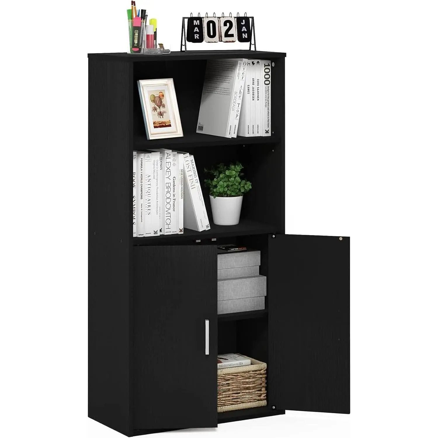 Pasir 4 Tier Storage Bookcase Black Oak Adjustable Shelves from PriceLows™