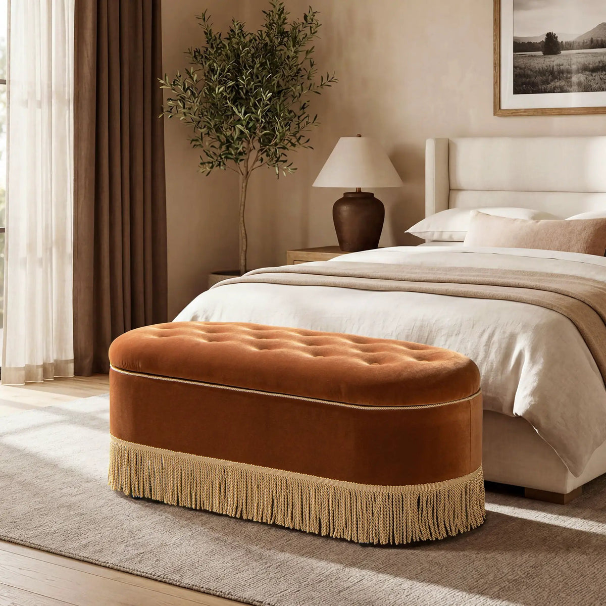 Melinda Oval Storage Bench | Button Tufted Seat | Bullion Fringe | Flip-Top Compartment