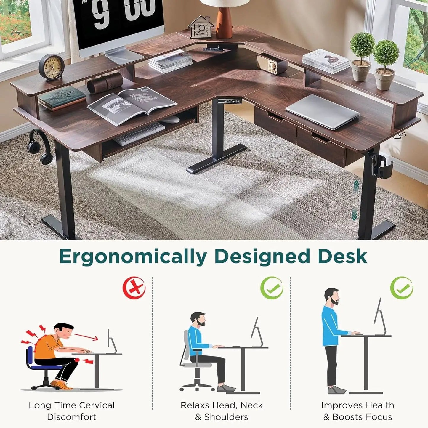 60 Inch Elevated Electric Standing Desk Dark Walnut from PriceLows™
