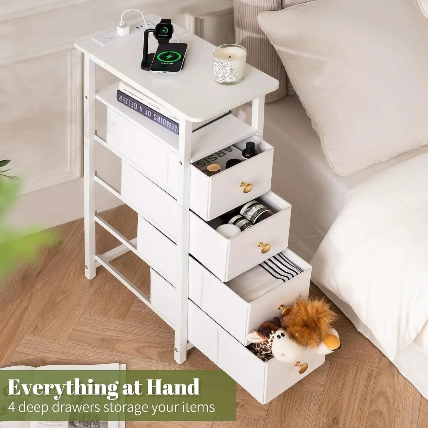 LED Narrow Nightstand With Wireless Charging White from PriceLows™