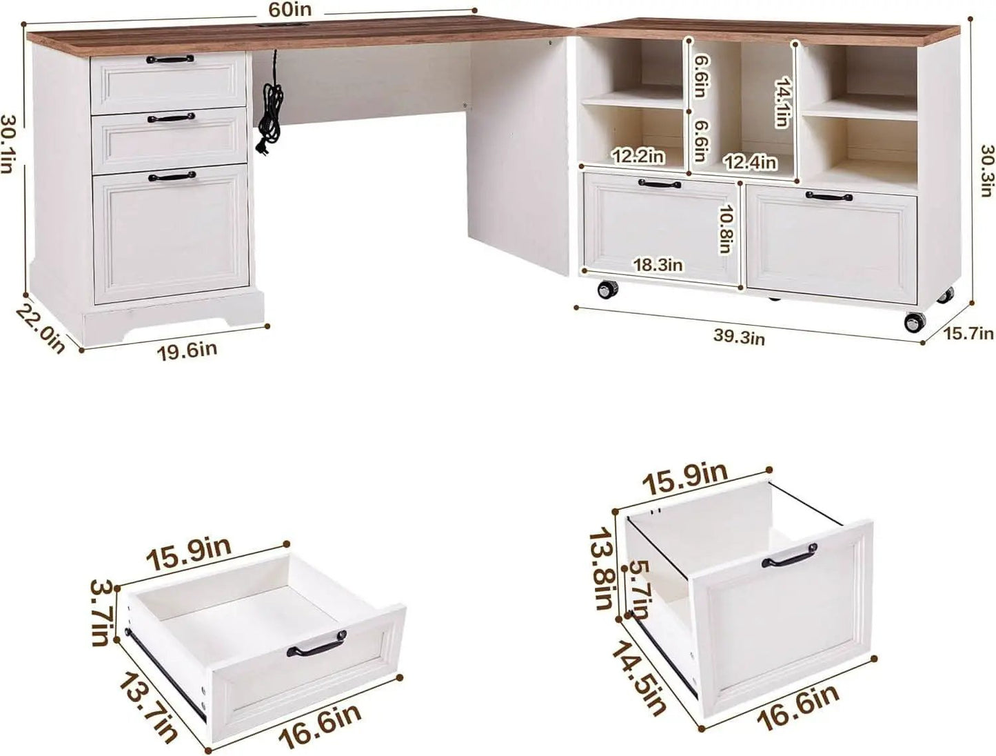 60 Inch L Shaped Desk With Farmhouse Cabinetry Storage from PriceLows™