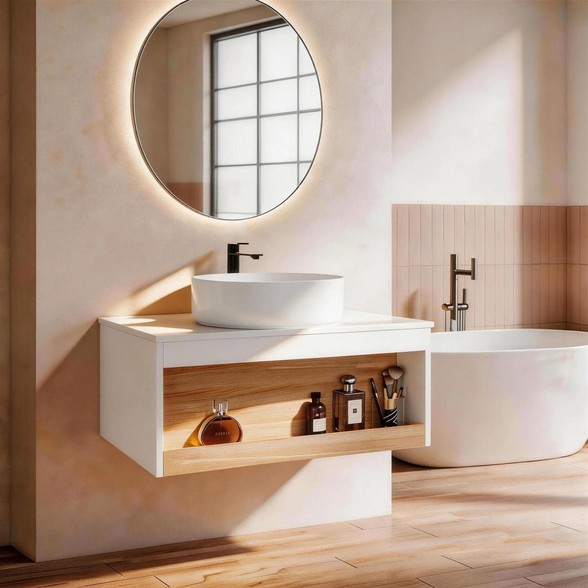 Floating Bathroom Vanity | Round Glossy Sink | Wall Mounted | Compact Design