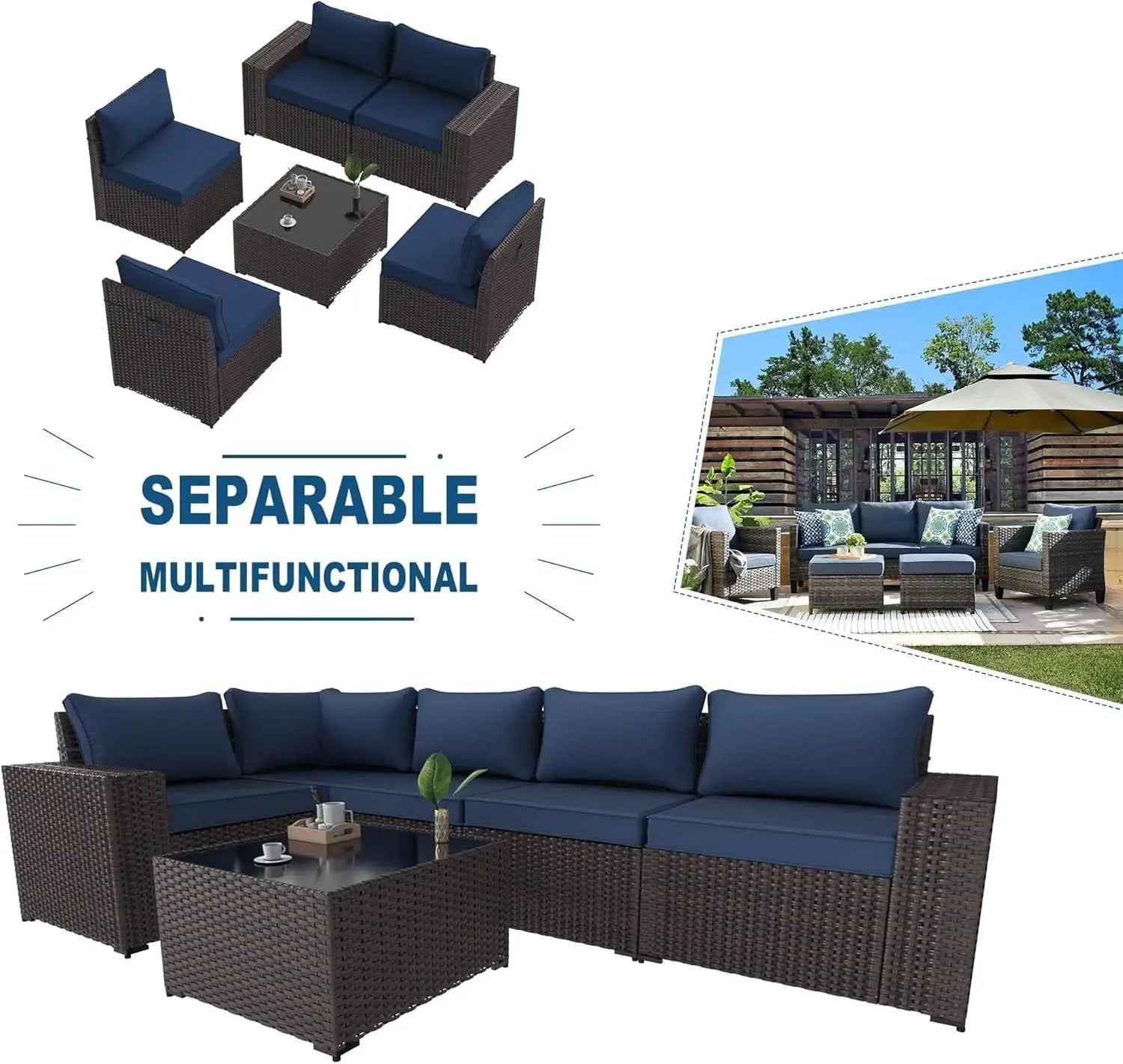 Navy Blue 6 Piece Outdoor Patio Sectional Sofa Set With PE Rattan from PriceLows™