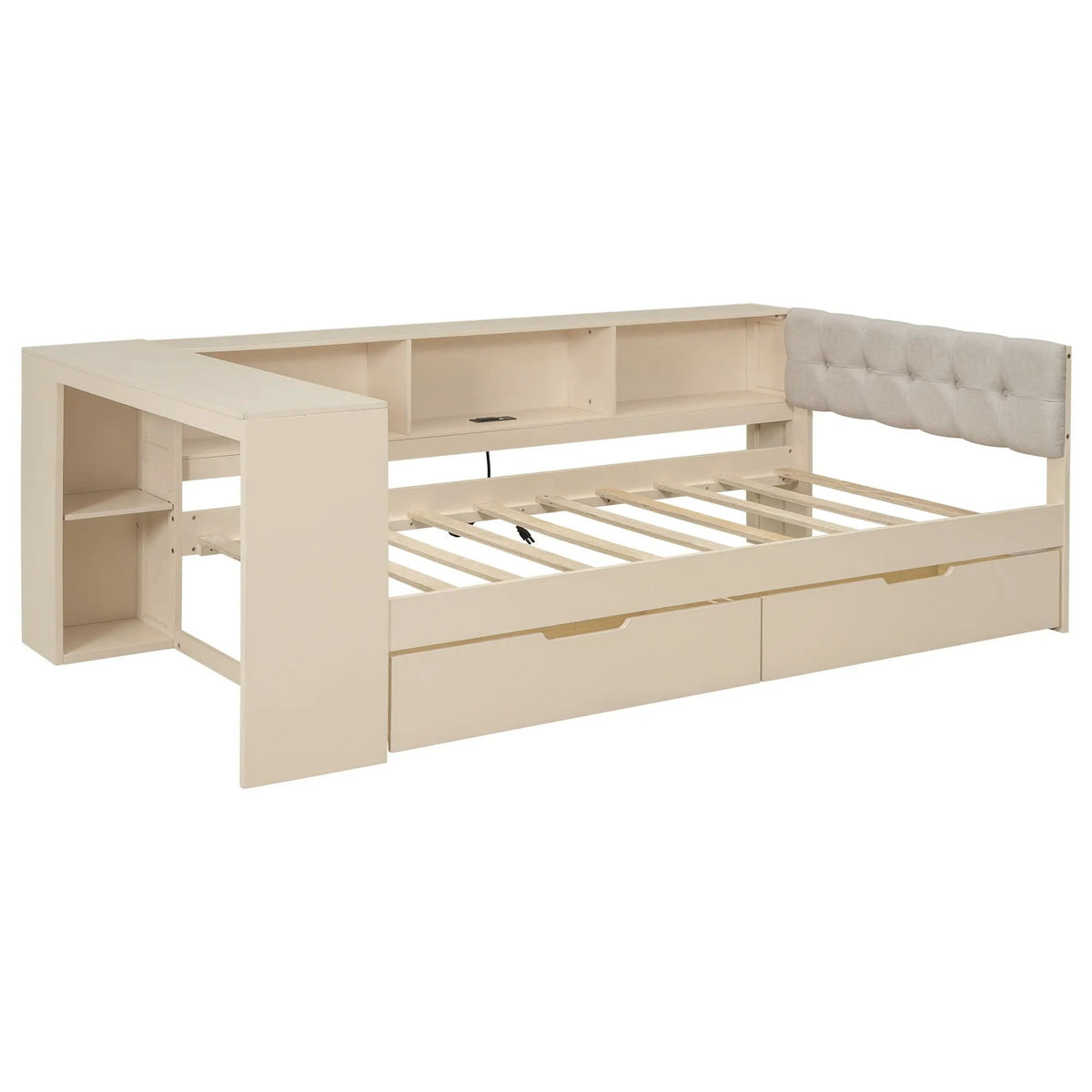 Upholstered Headboard Platform Bed | Storage Shelves | Two Drawers | Charging Station