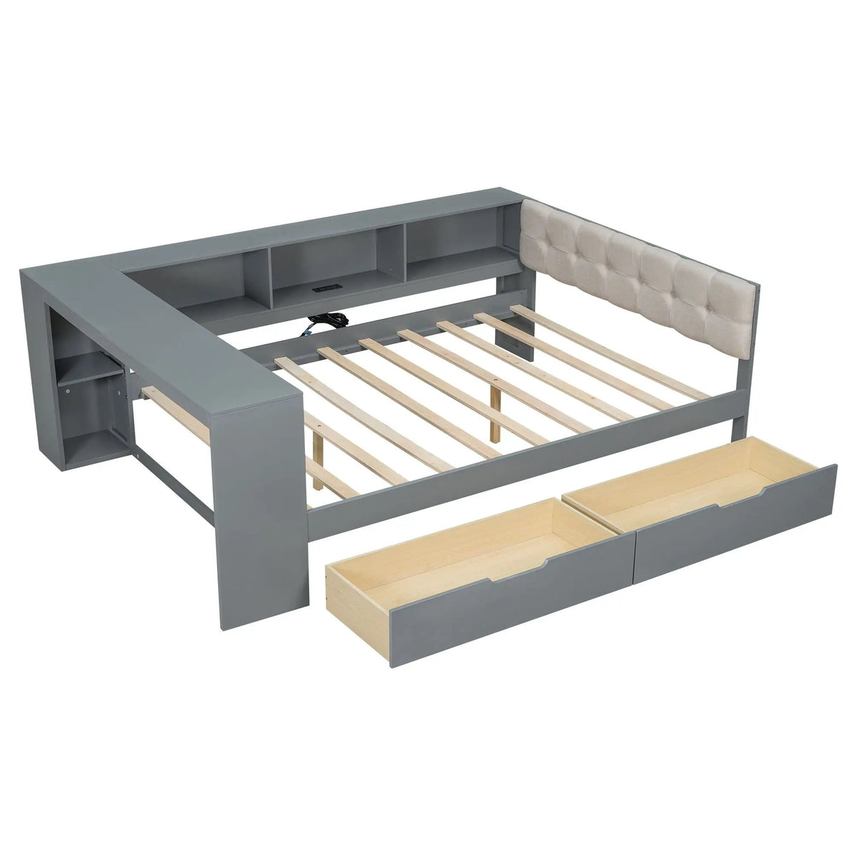 Upholstered Headboard Platform Bed | Storage Shelves | Two Drawers | Charging Station