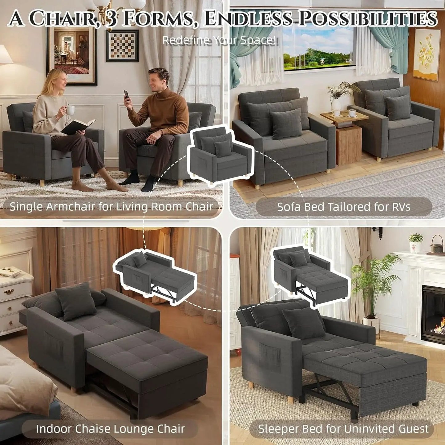 36 Inch Convertible Sleeper Chair GreyTexturedFabric from PriceLows™