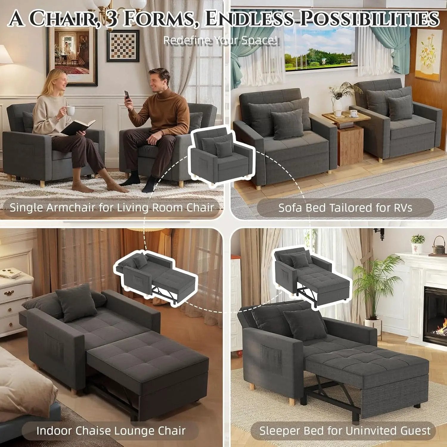 36 Inch Convertible Sleeper Chair GreyTexturedFabric from PriceLows™