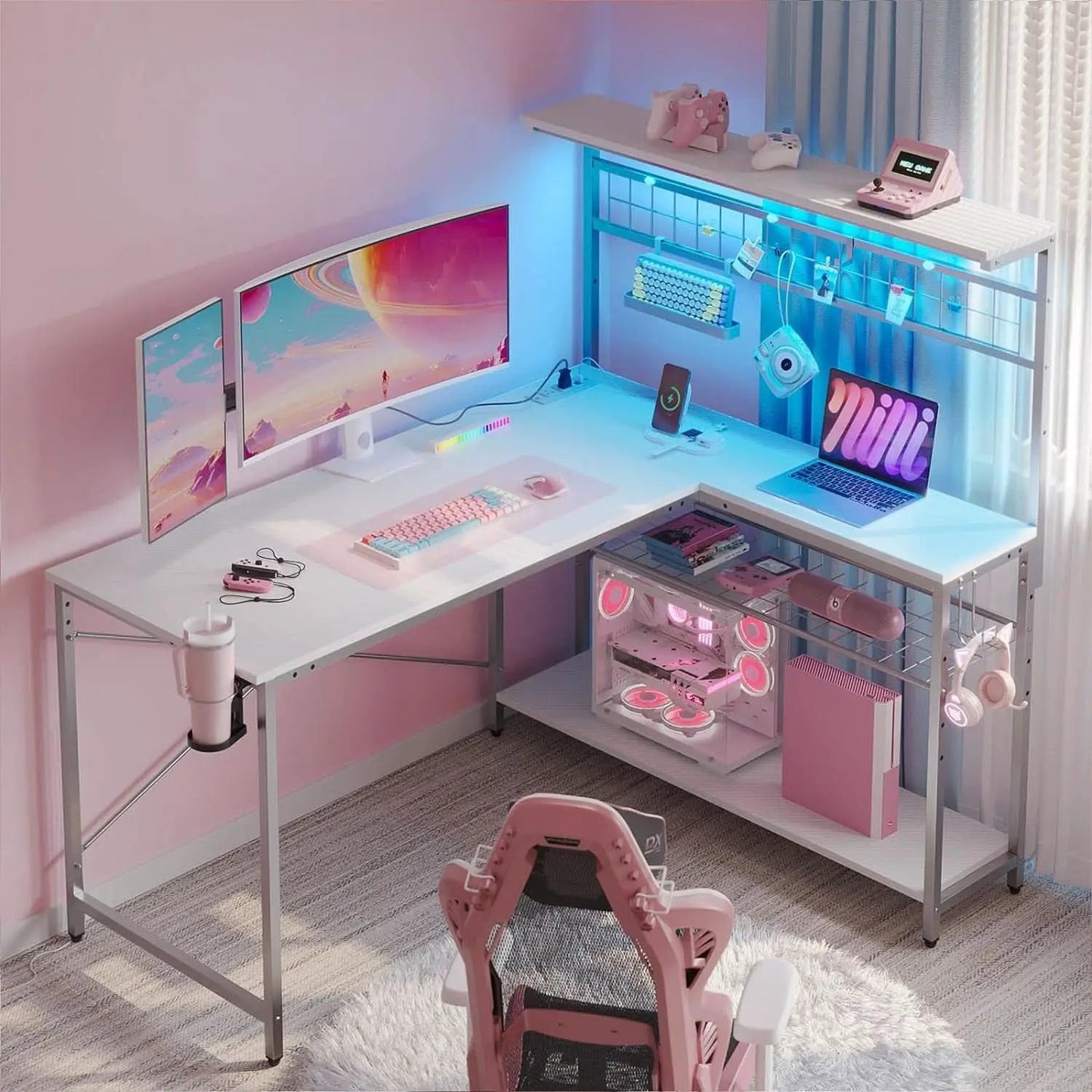 51 Inch L Shaped Gaming Desk With LED Lights And Outlets from PriceLows™