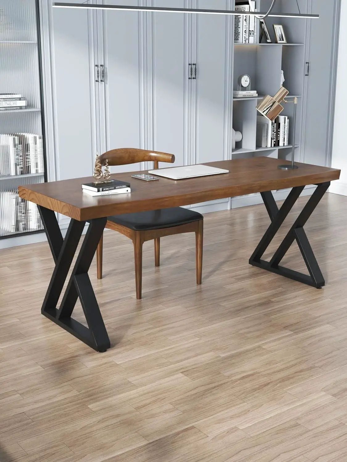 Solid Wood Desk Fifty Five Inch Wide Matte Brown Rustic Aged Oak from PriceLows™