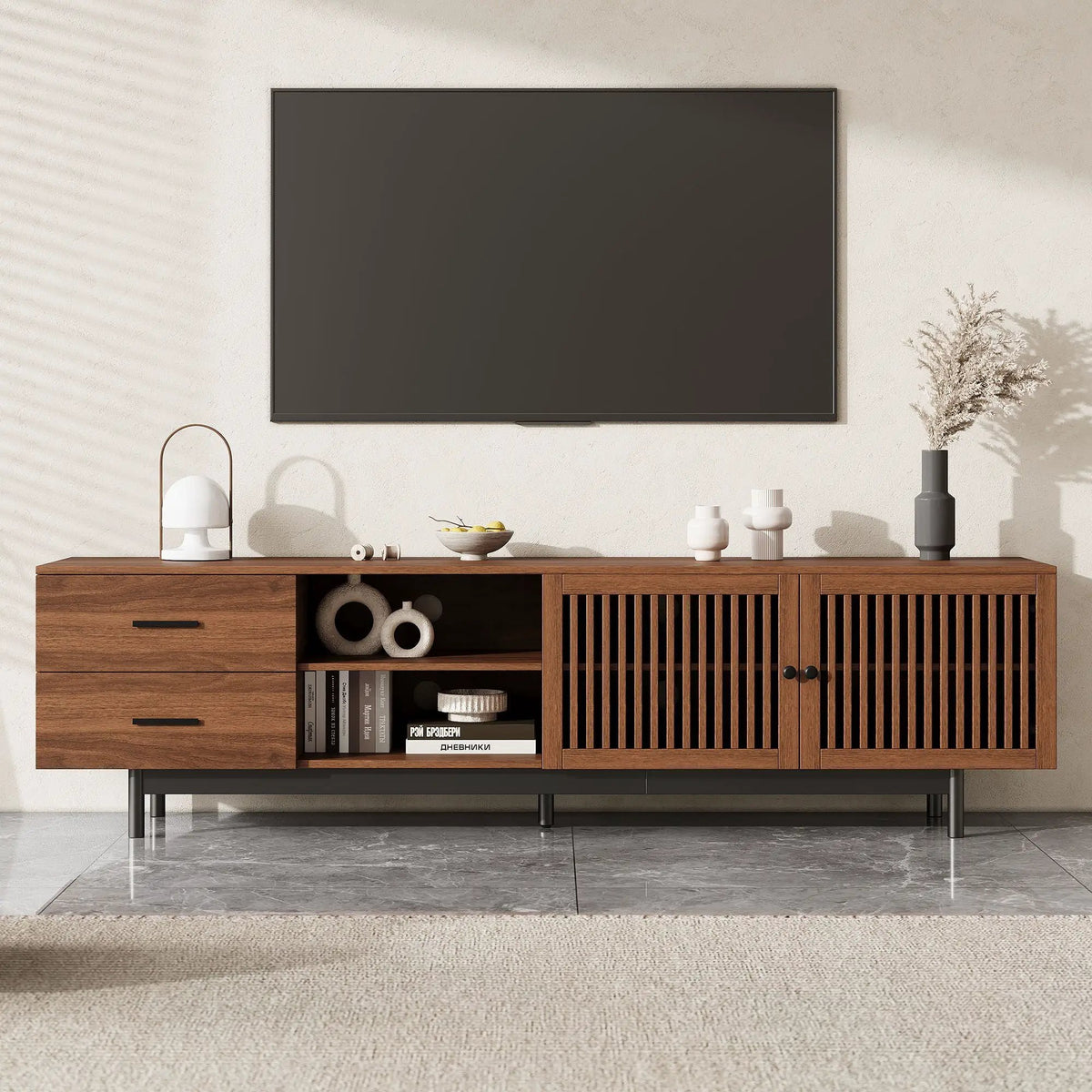 TV Stand | Adjustable Shelves | Cable Management | Walnut