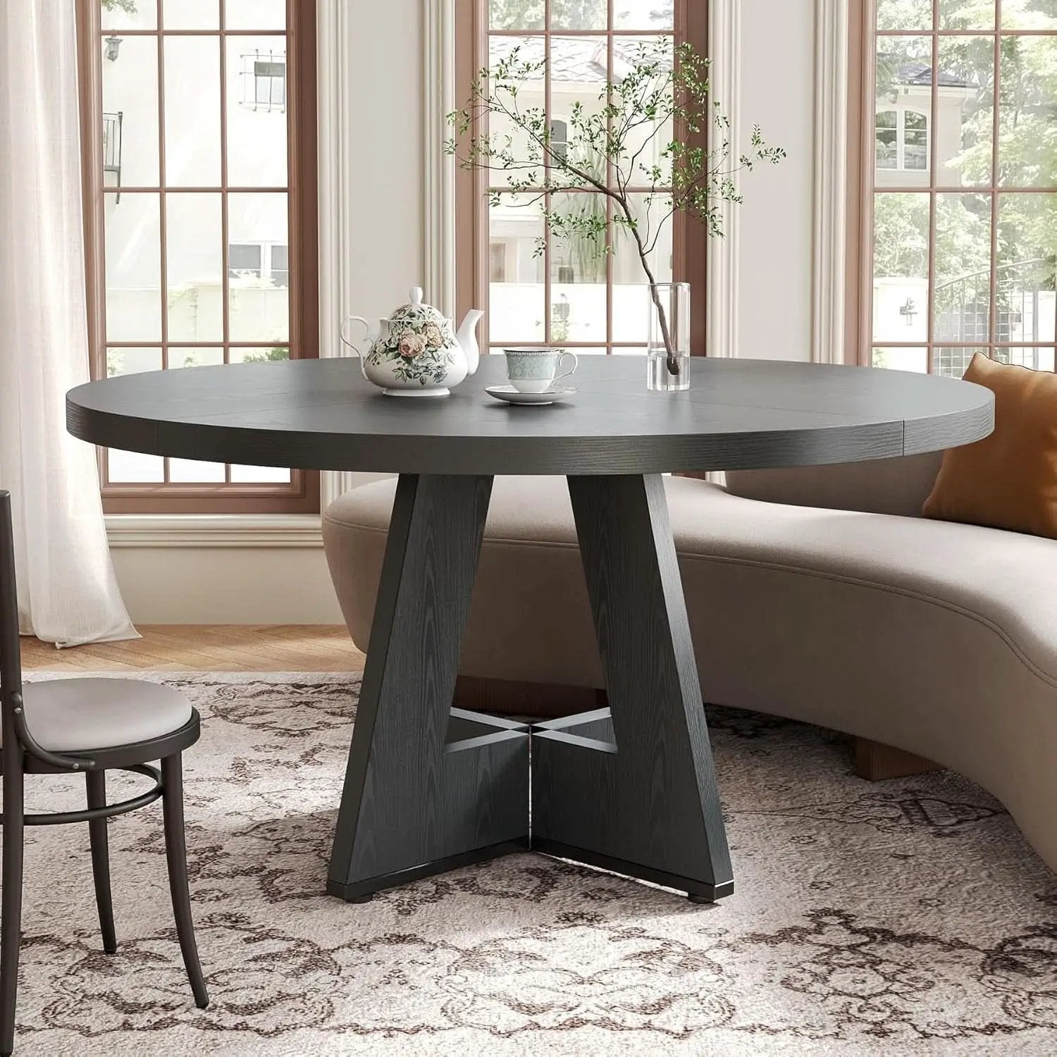 47 Inch Round Dining Table Black With Wooden Pedestal Base from PriceLows™