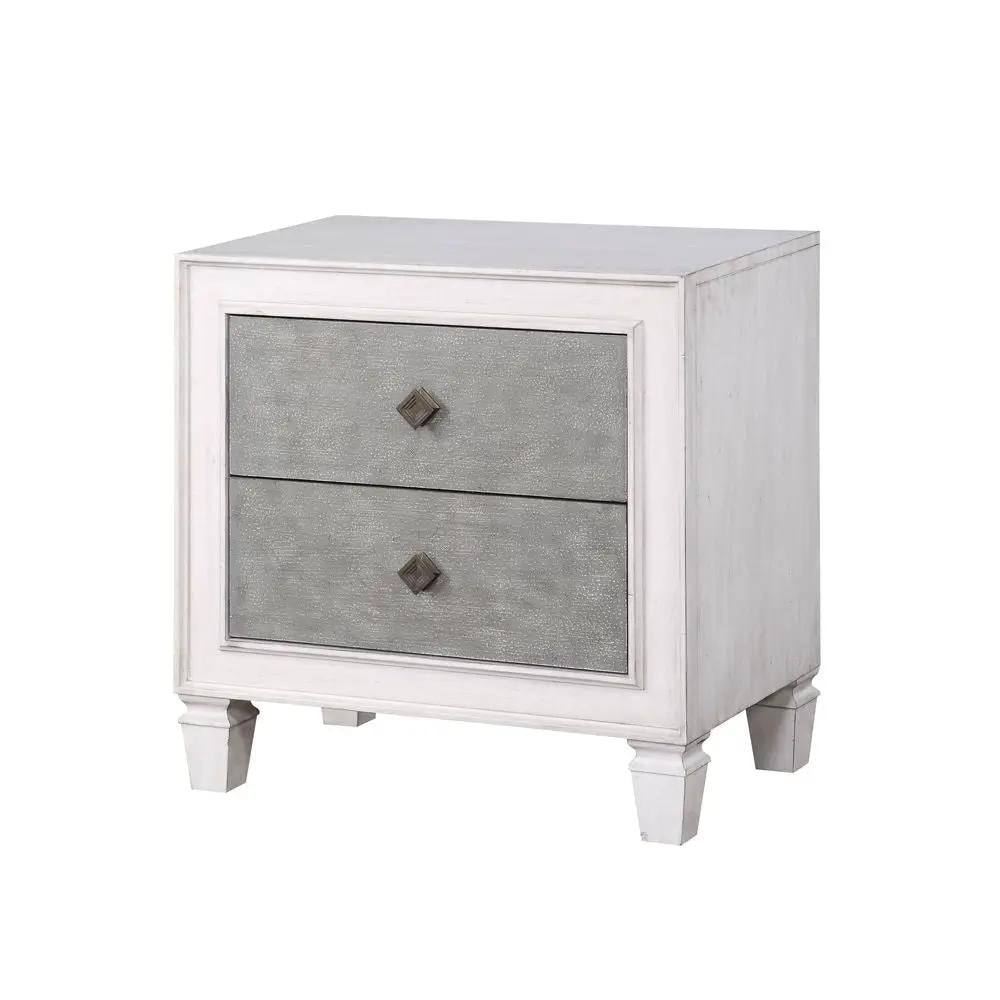 Katia Weathered Nightstand | Gray And White Finish | Poplar Wood Construction | Smooth Drawer Access