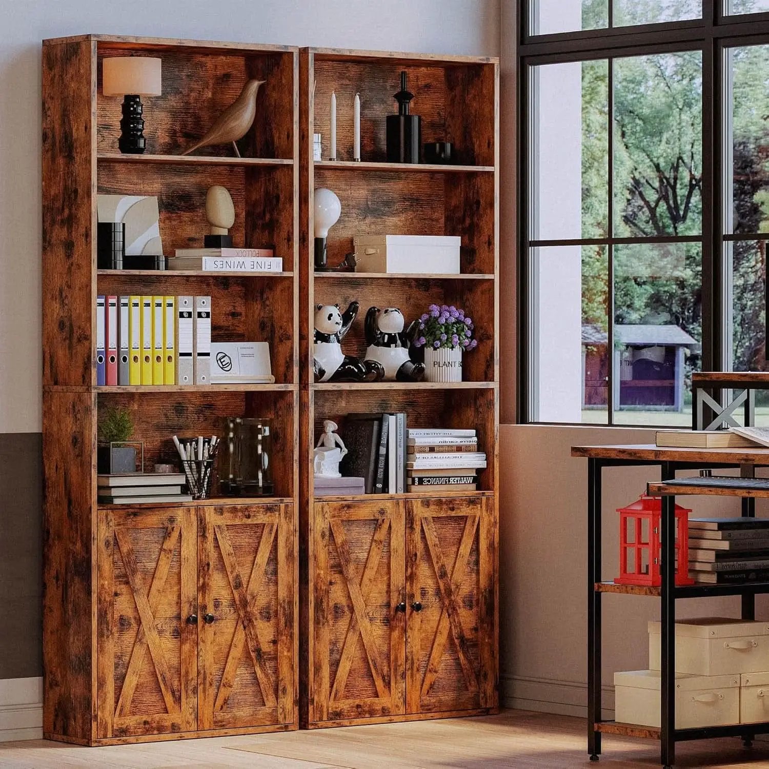 Industrial 70 Inch Tall Bookcase With Doors 6 Shelf Floor Standing Storage from PriceLows™