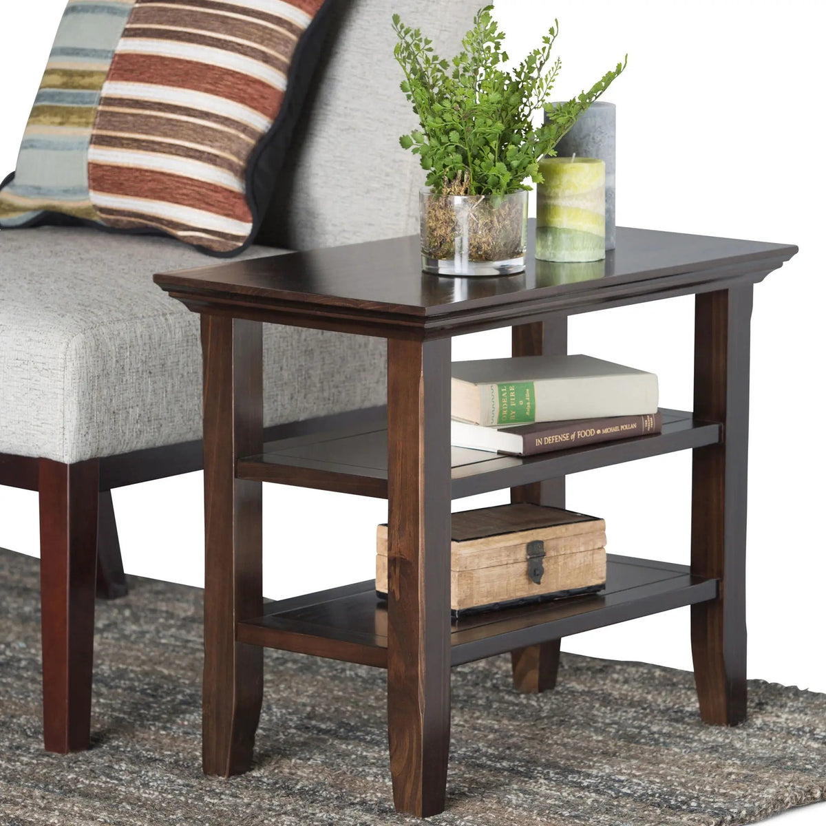 Acadian Narrow Side Table | Handcrafted Solid Wood | 2 Open Storage Shelves | 24 Inch Height