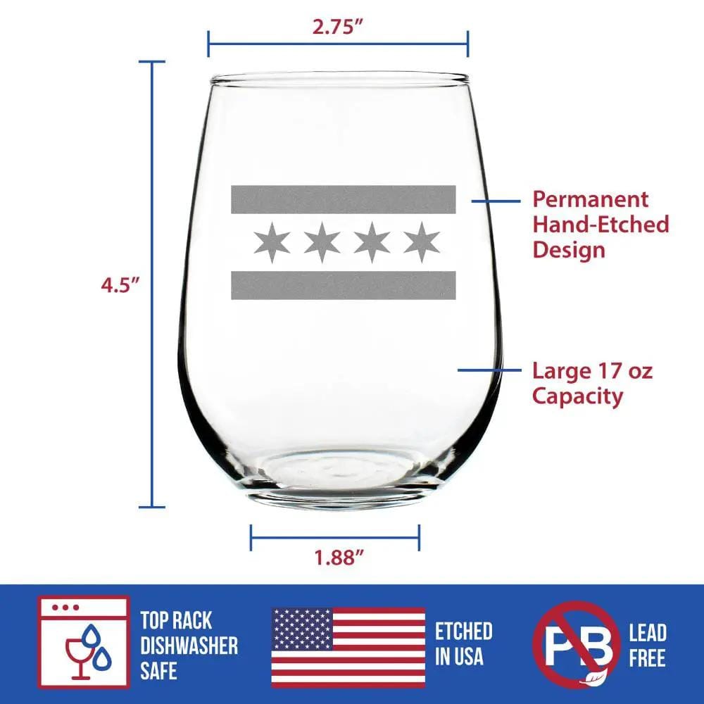 Etched Stemless Wine Glass | 17 oz | Dishwasher Safe | Chicago Flag - Cute Chitown