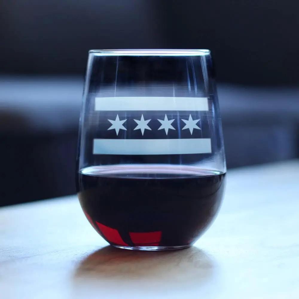 Etched Stemless Wine Glass | 17 oz | Dishwasher Safe | Chicago Flag - Cute Chitown