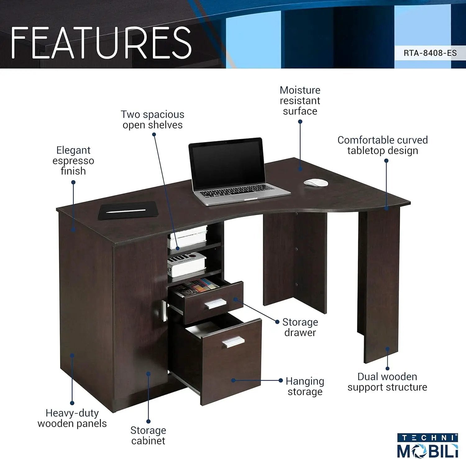 Classic Espresso Office Desk with Storage Shelves and Drawers from PriceLows™