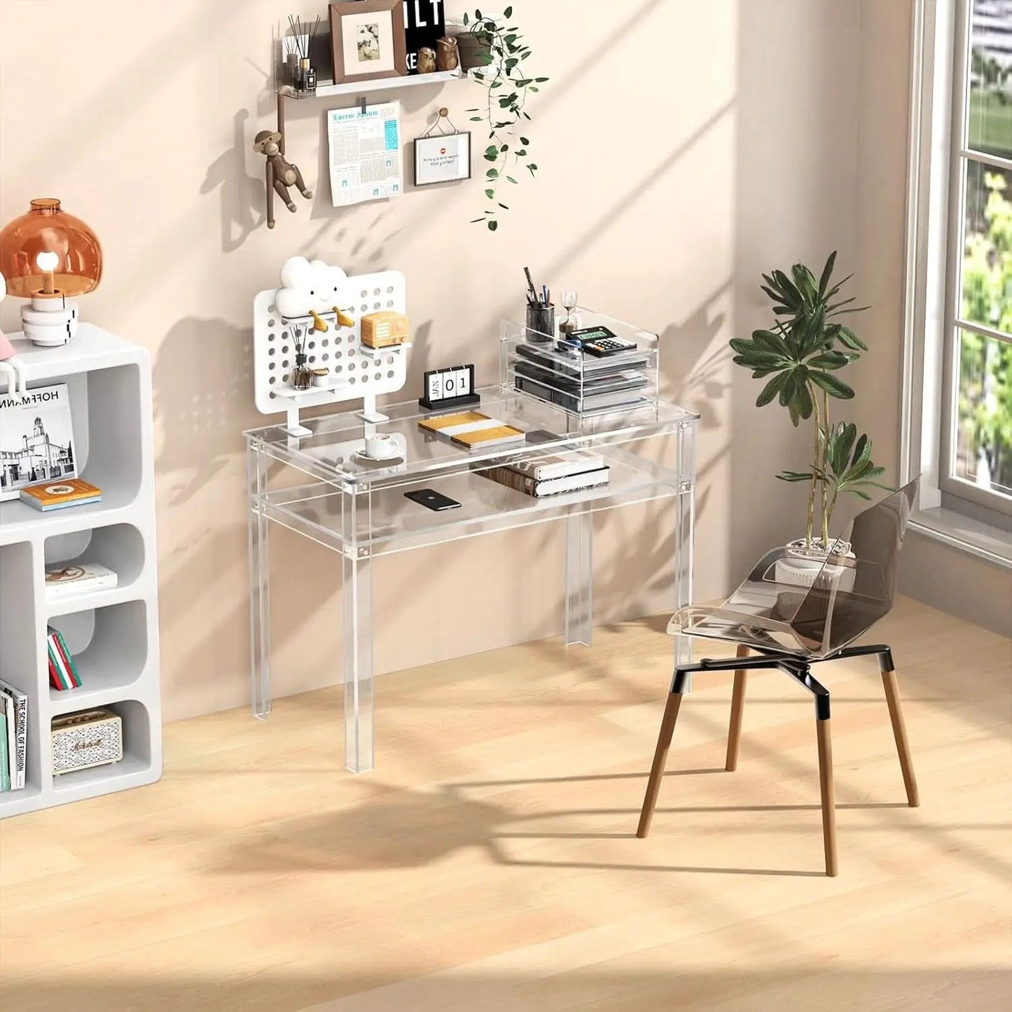 Clear Acrylic Desk with Open Storage for Home Office from PriceLows™