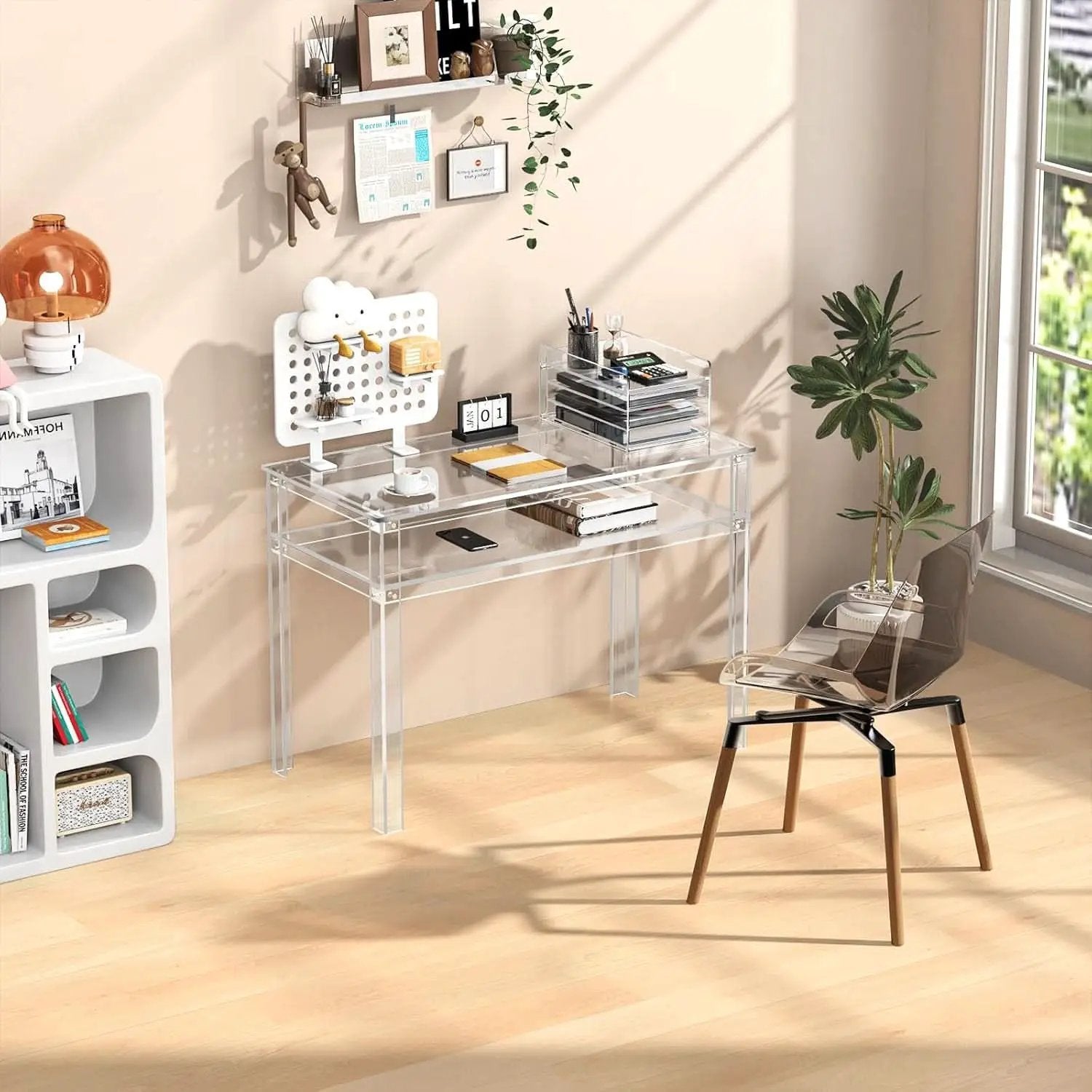 Clear Acrylic Desk with Open Storage for Home Office from PriceLows™