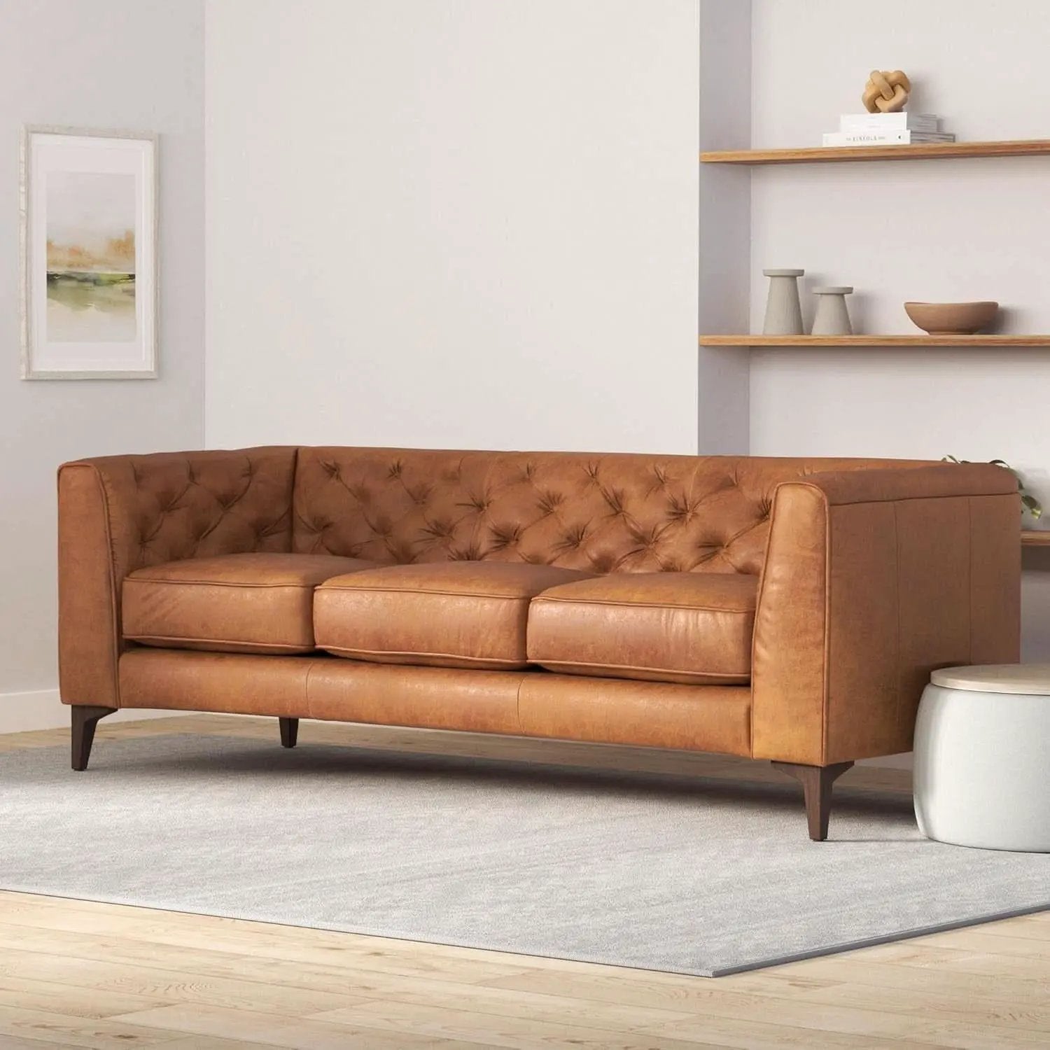 Cognac Tan Leather Sofa with Tufted Back Design from PriceLows™