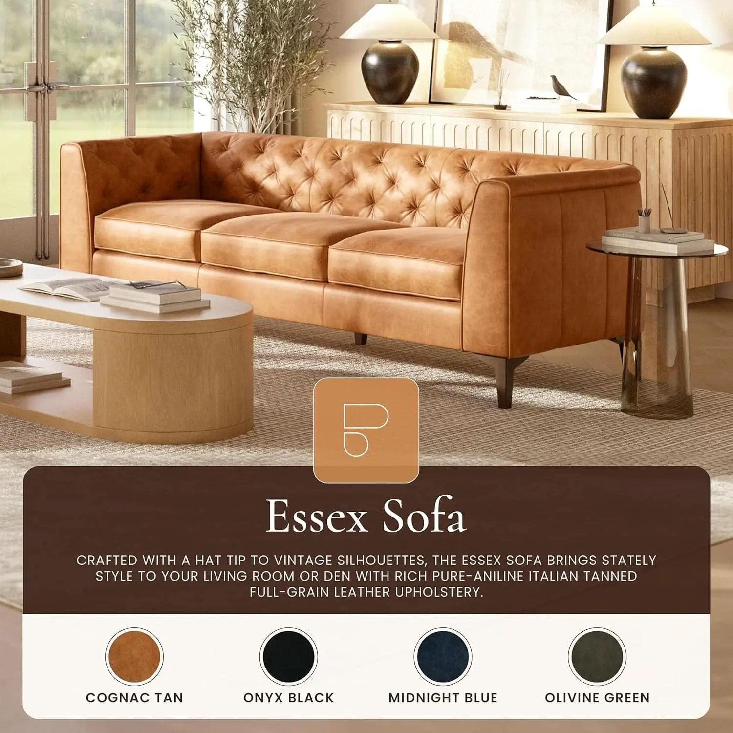 Cognac Tan Leather Sofa with Tufted Back Design from PriceLows™