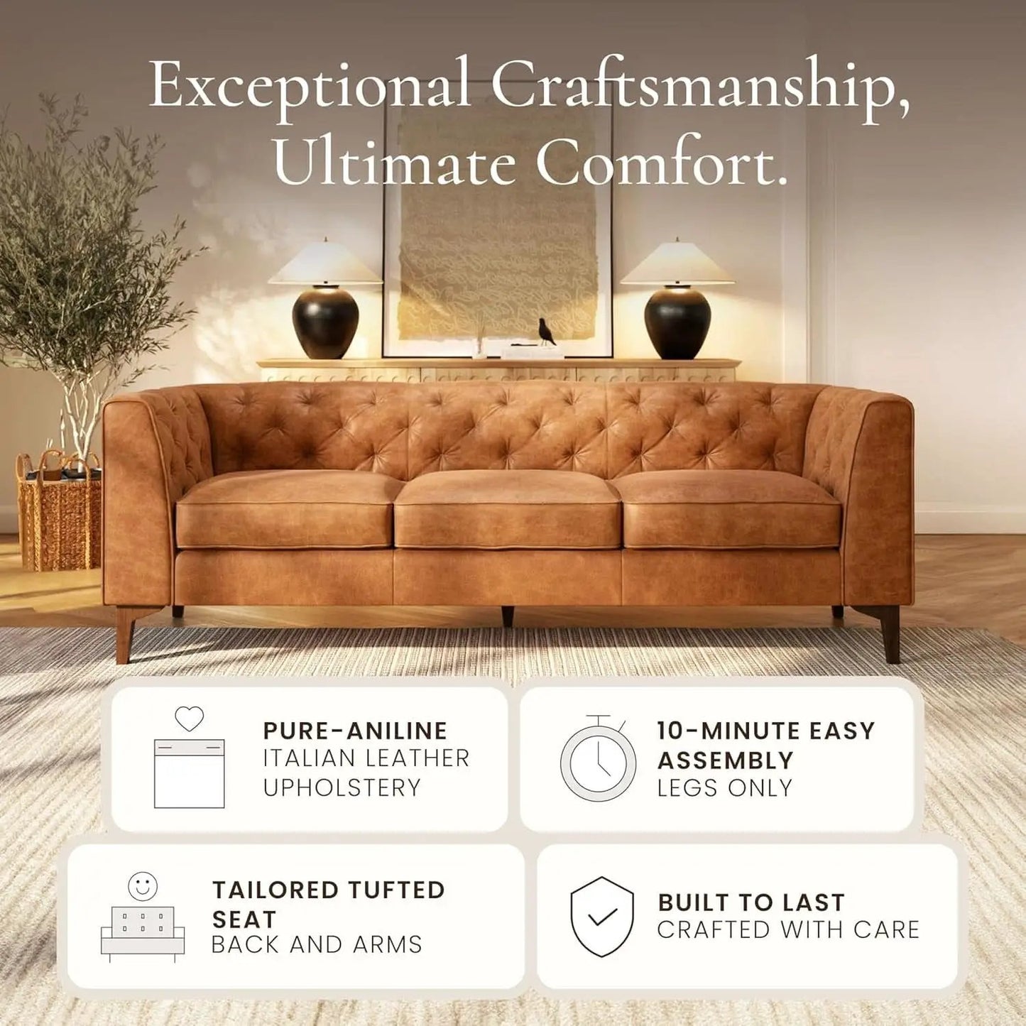 Cognac Tan Leather Sofa with Tufted Back Design from PriceLows™