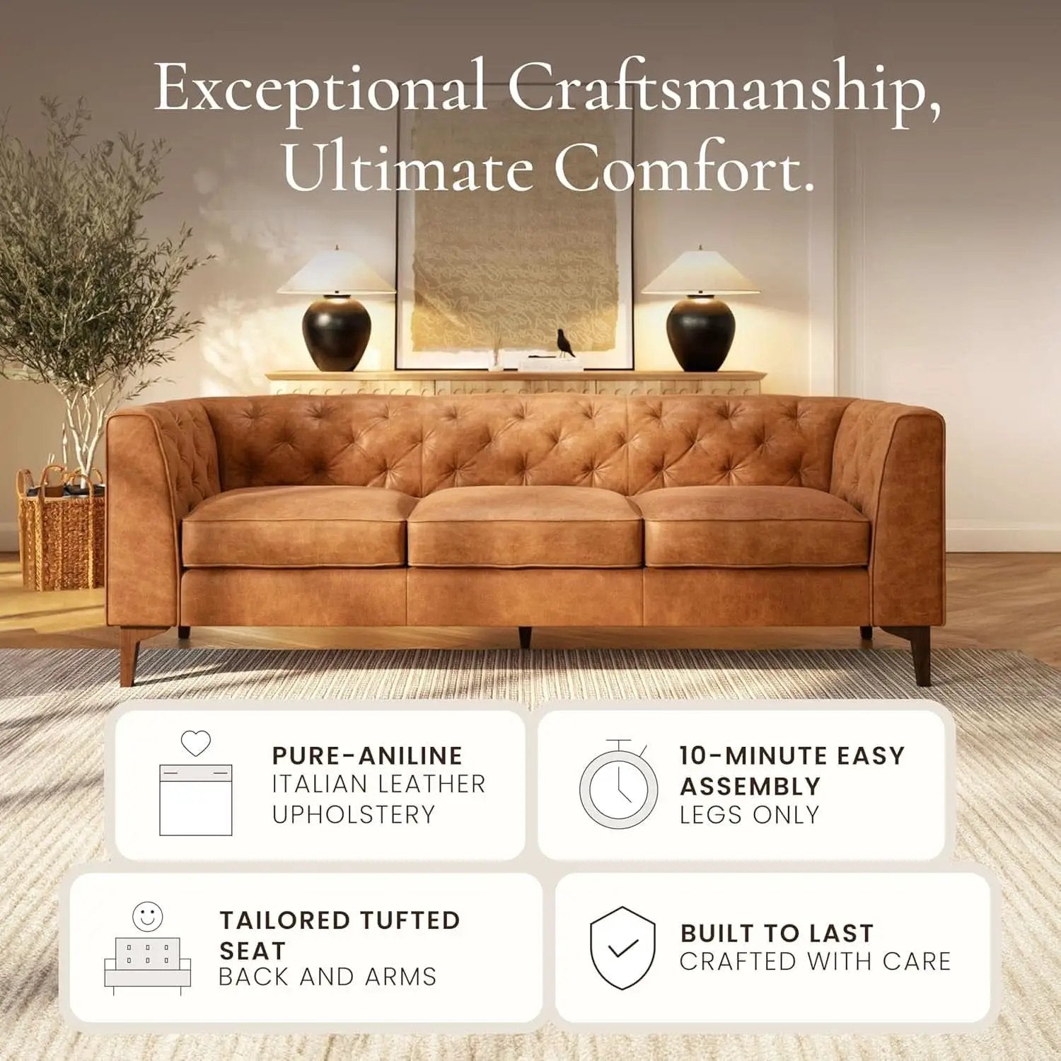 Cognac Tan Leather Sofa with Tufted Back Design from PriceLows™