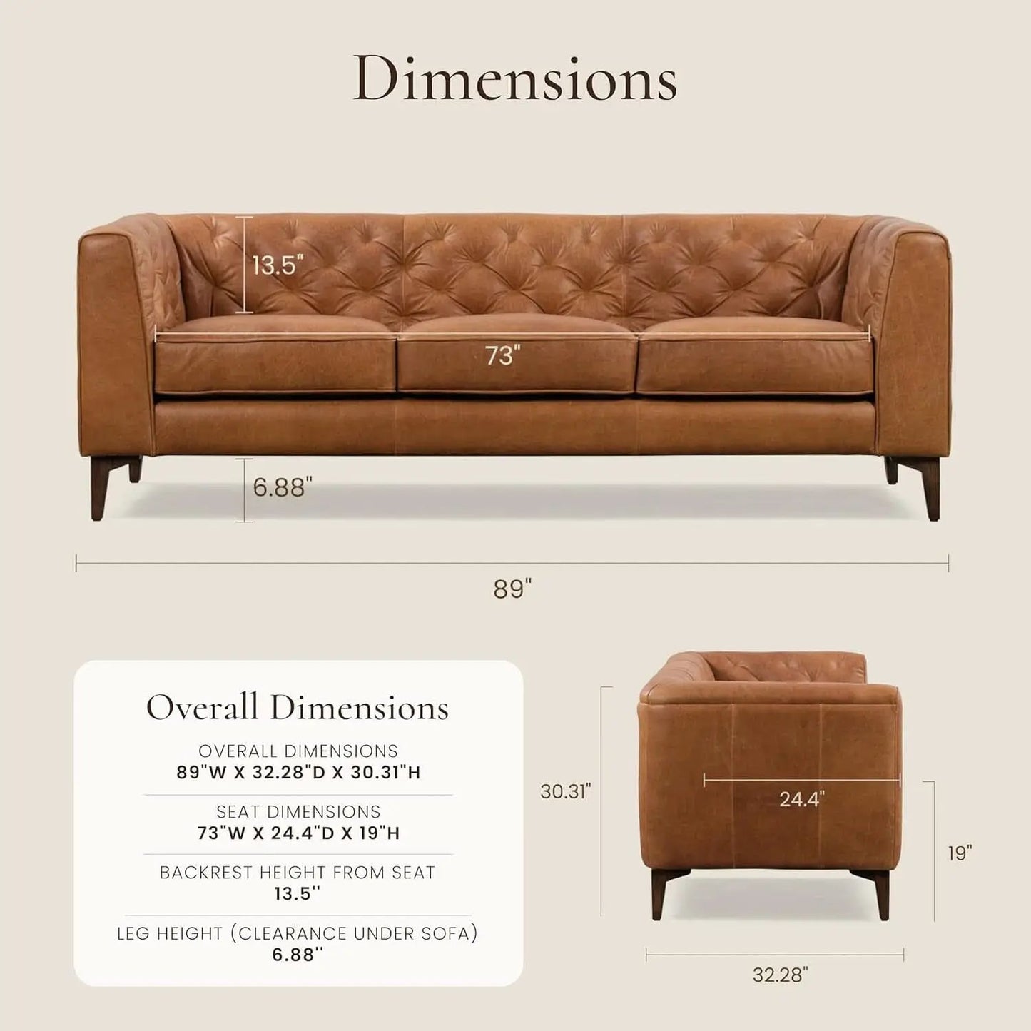 Cognac Tan Leather Sofa with Tufted Back Design from PriceLows™