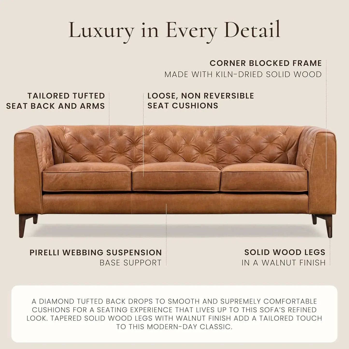Cognac Tan Leather Sofa with Tufted Back Design from PriceLows™