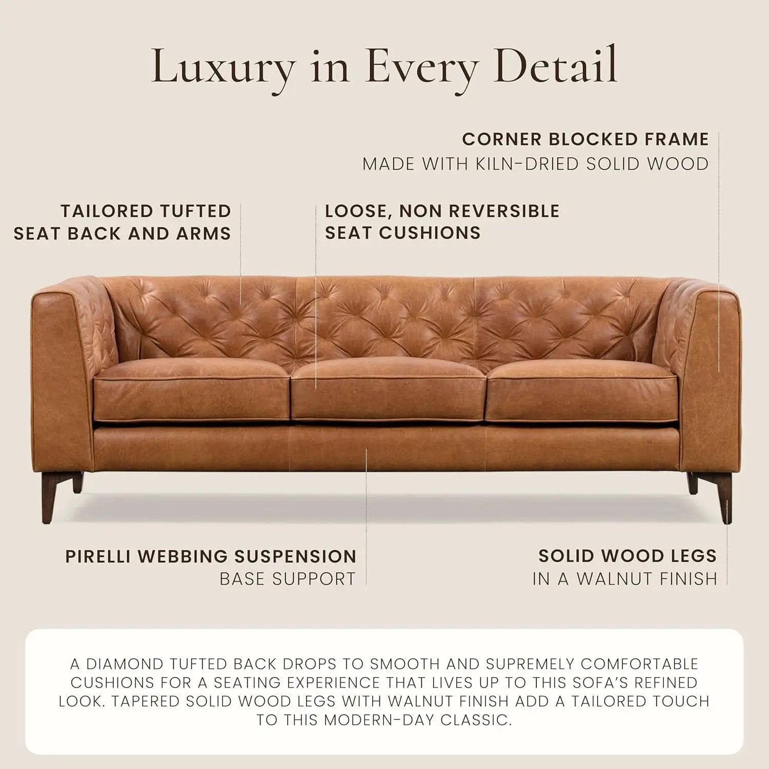 Cognac Tan Leather Sofa with Tufted Back Design from PriceLows™
