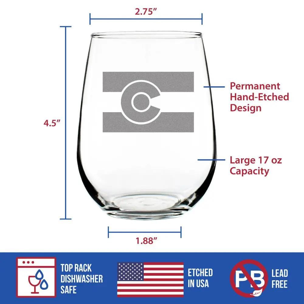 Etched Stemless Wine Glass | 17 oz | Dishwasher Safe | Colorado Flag - Cute Centennial State