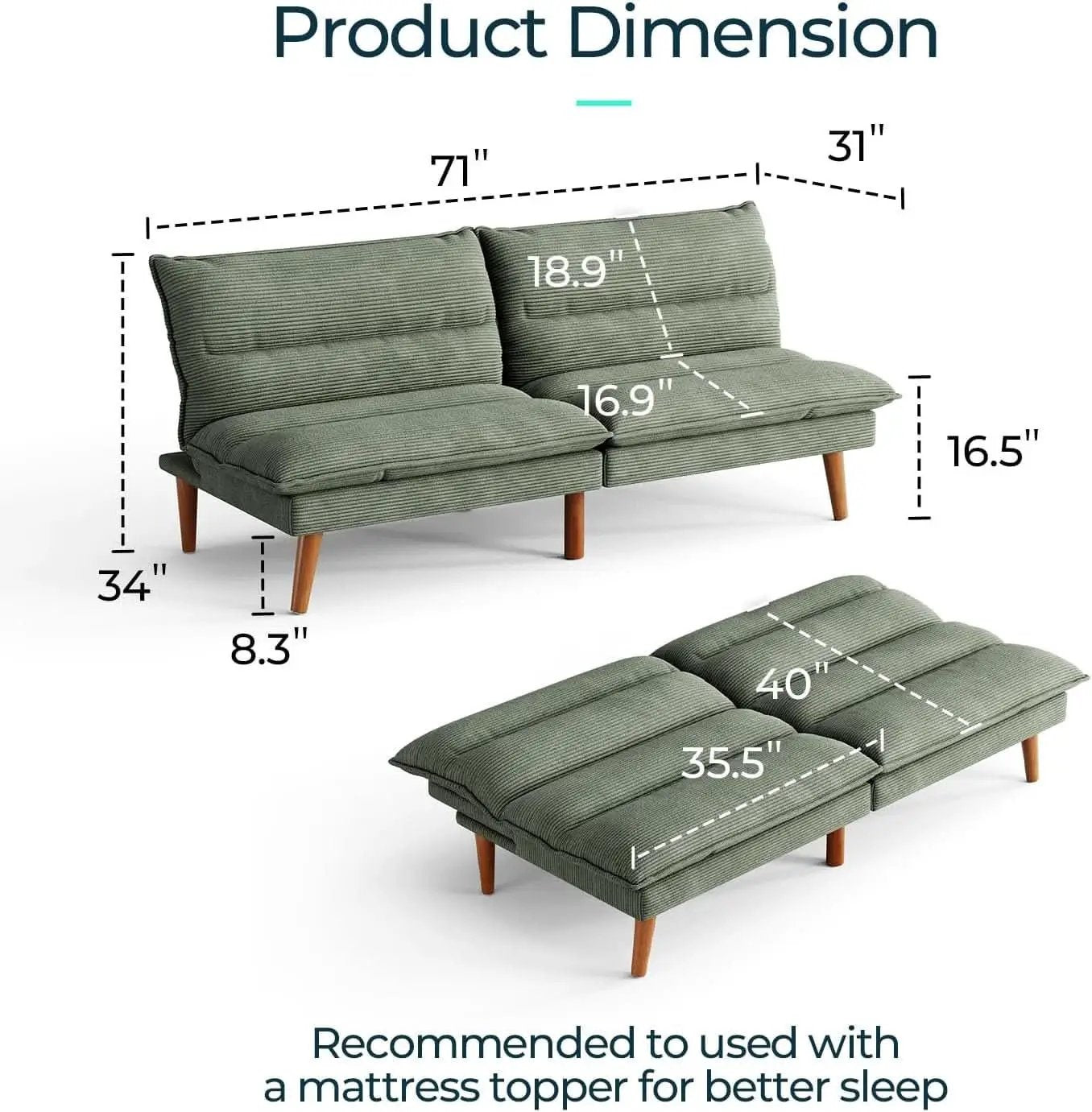 Comfortable Green Futon Sofa Bed with Adjustable Backrest from PriceLows™