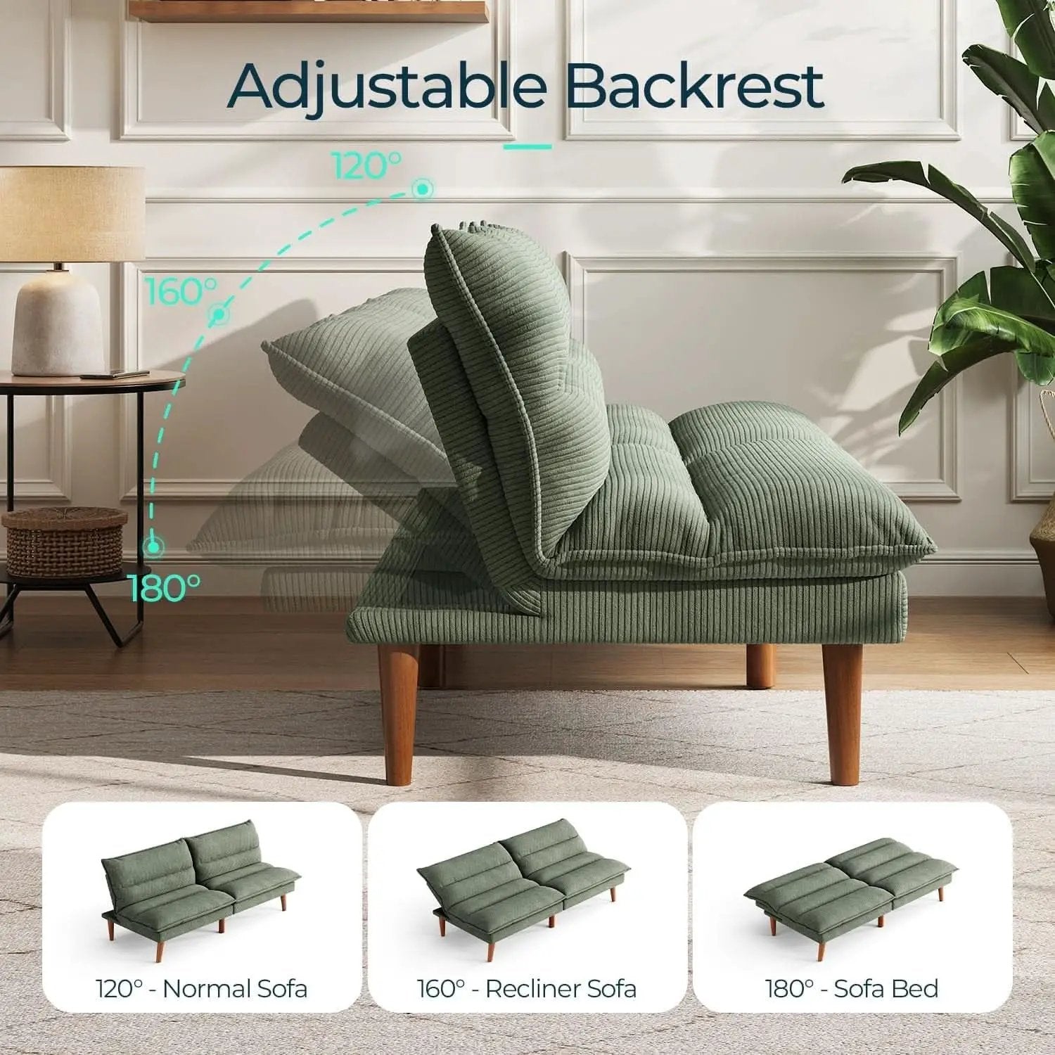 Comfortable Green Futon Sofa Bed with Adjustable Backrest from PriceLows™