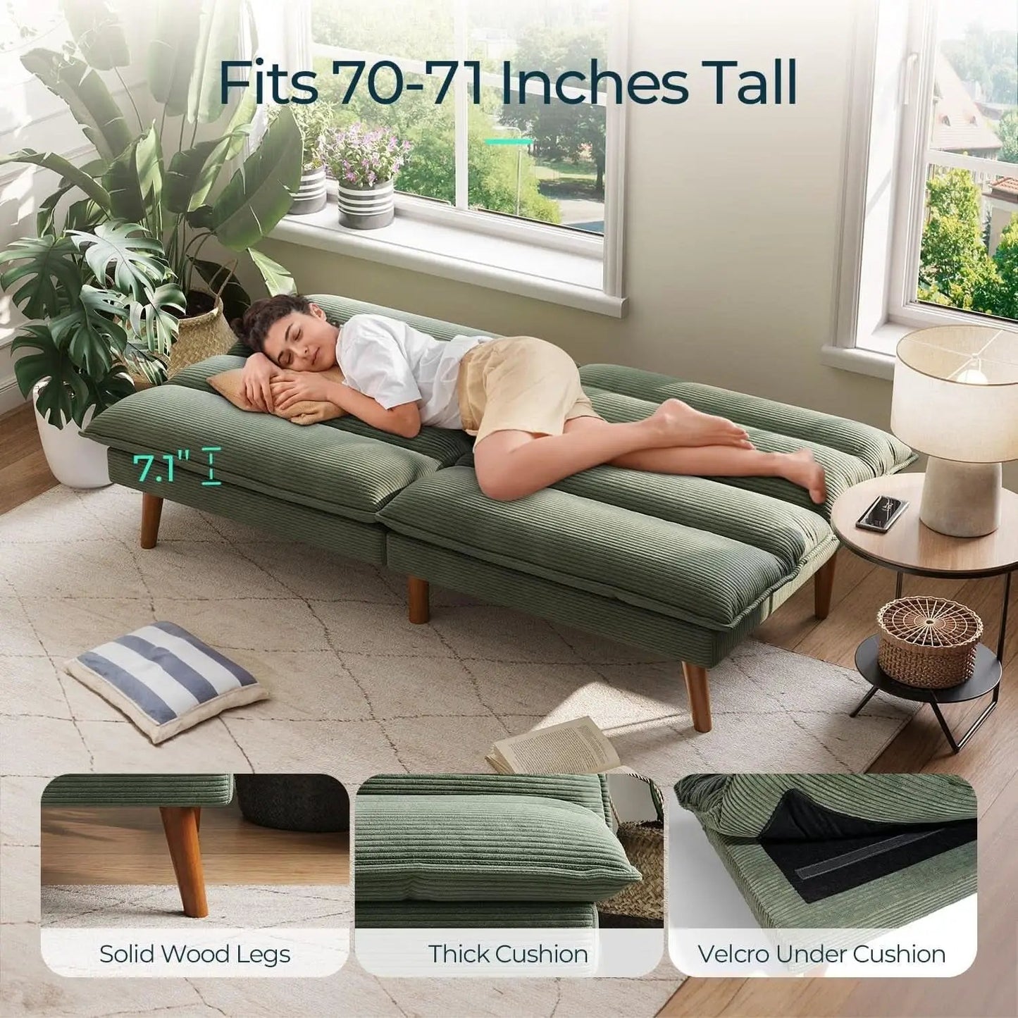 Comfortable Green Futon Sofa Bed with Adjustable Backrest from PriceLows™
