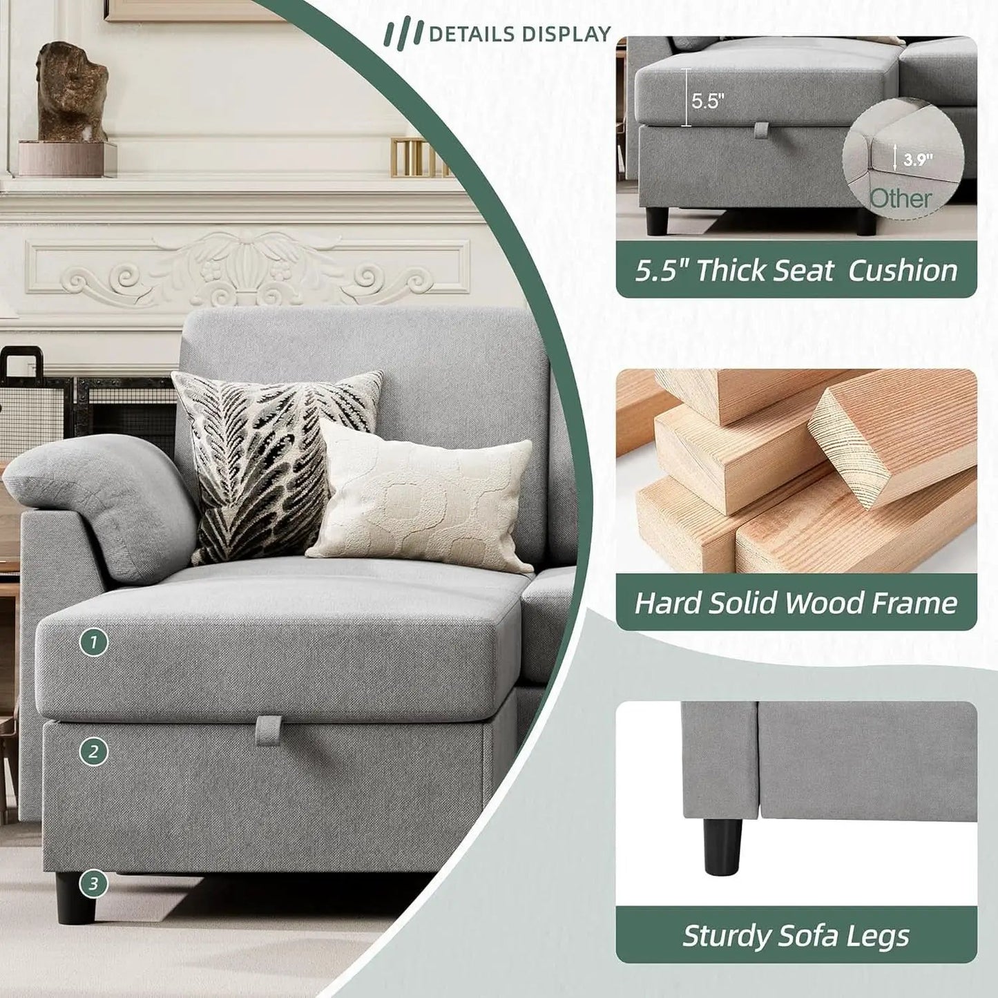 Comfortable L Shaped Convertible Sectional Sofa with Pillows from PriceLows™