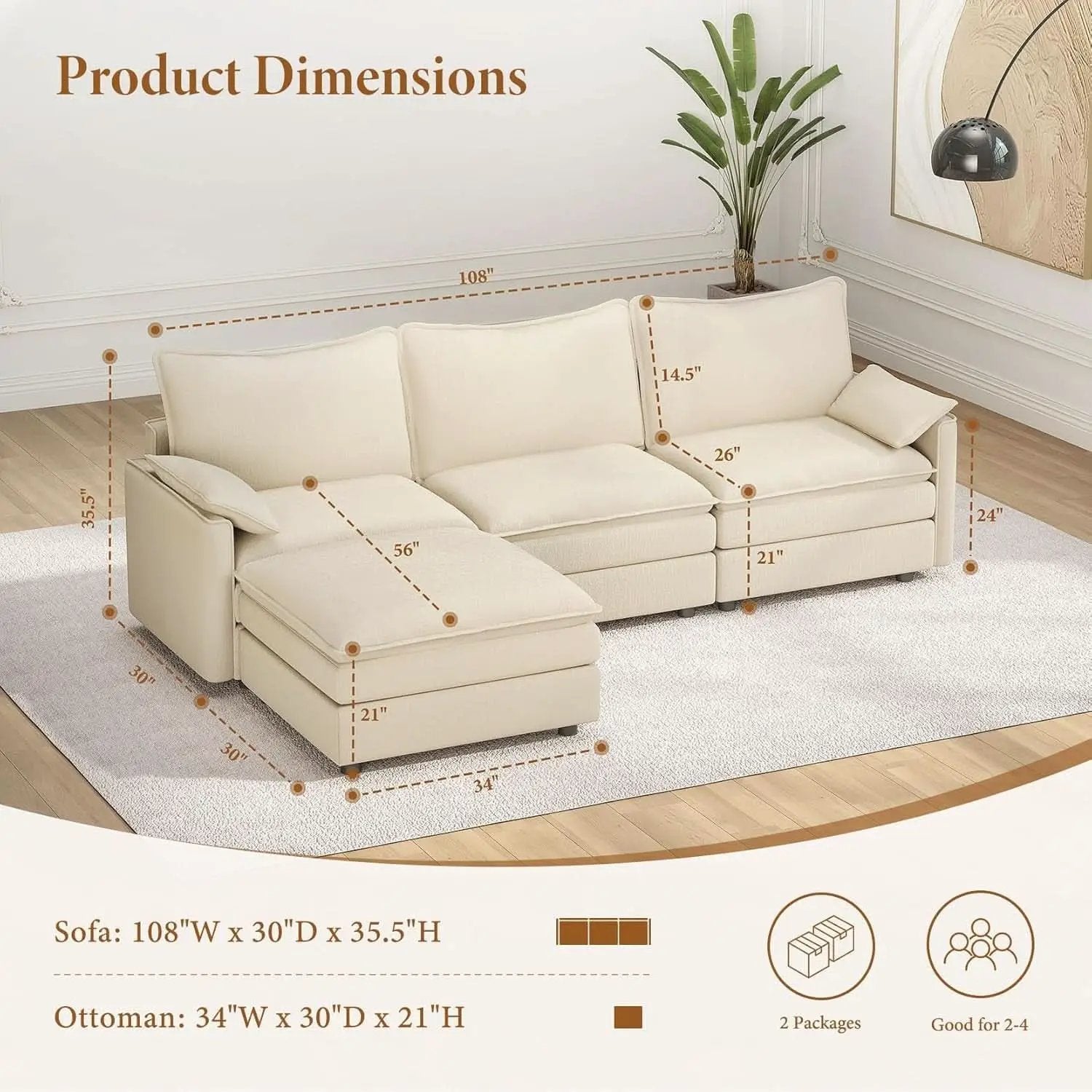 Comfy 108 Inch Modular Sectional Sofa With Ottoman from PriceLows™