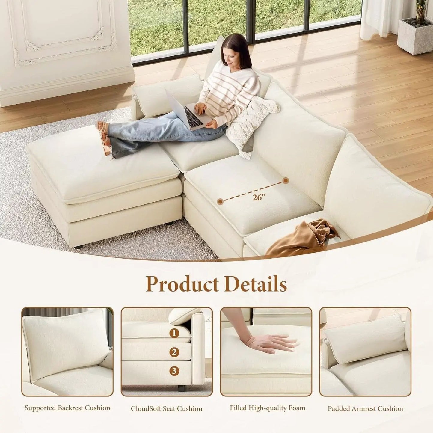 Comfy 108 Inch Modular Sectional Sofa With Ottoman from PriceLows™