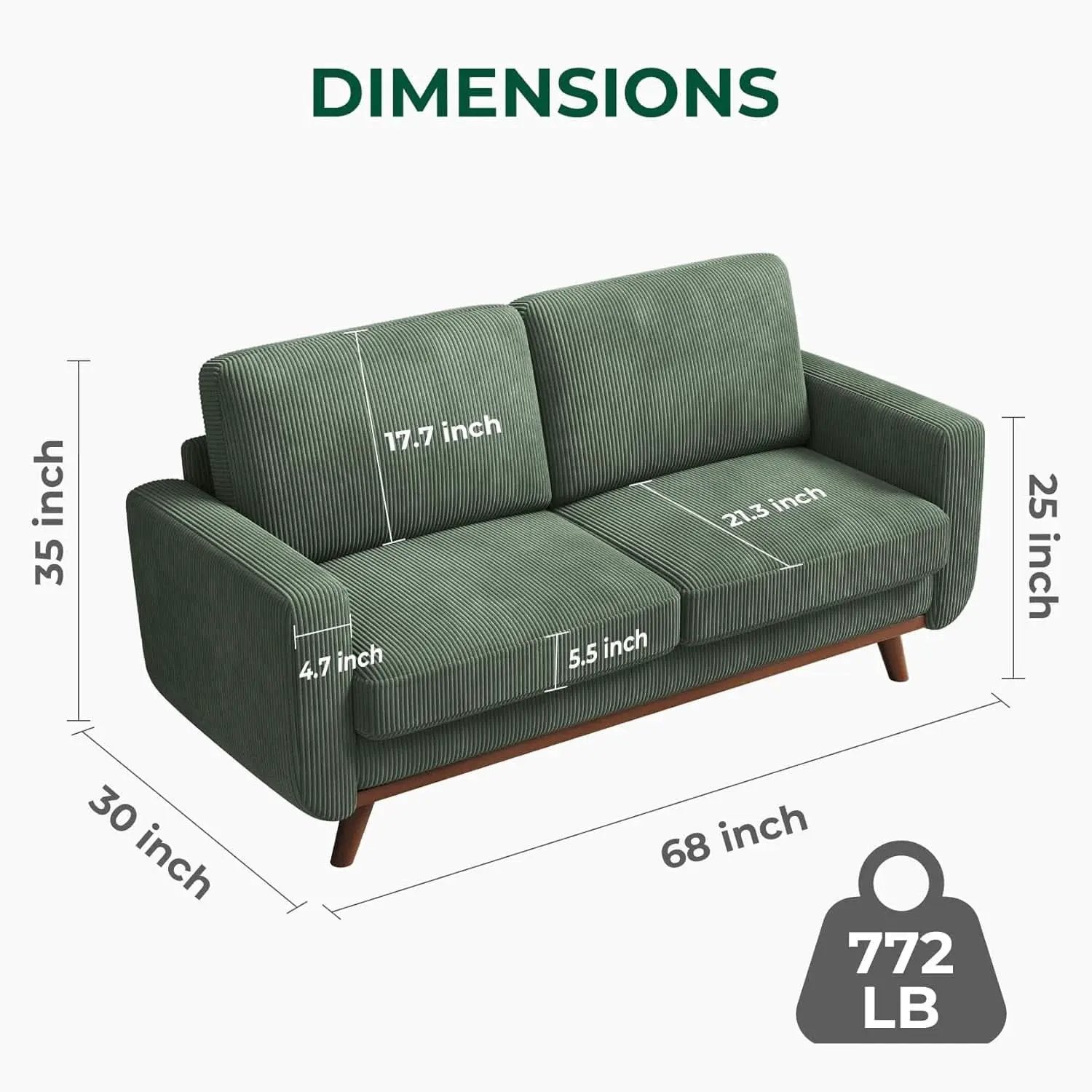 Comfy Green Corduroy Loveseat Sofa with Solid Wood Frame from PriceLows™