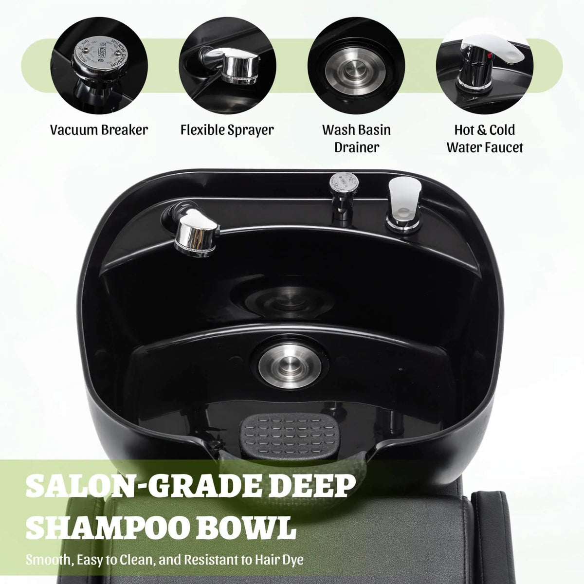 Salon Shampoo Bowl And Chair Set | Black And Gold Finish | Adjustable Footrest | Tilting ABS Sink