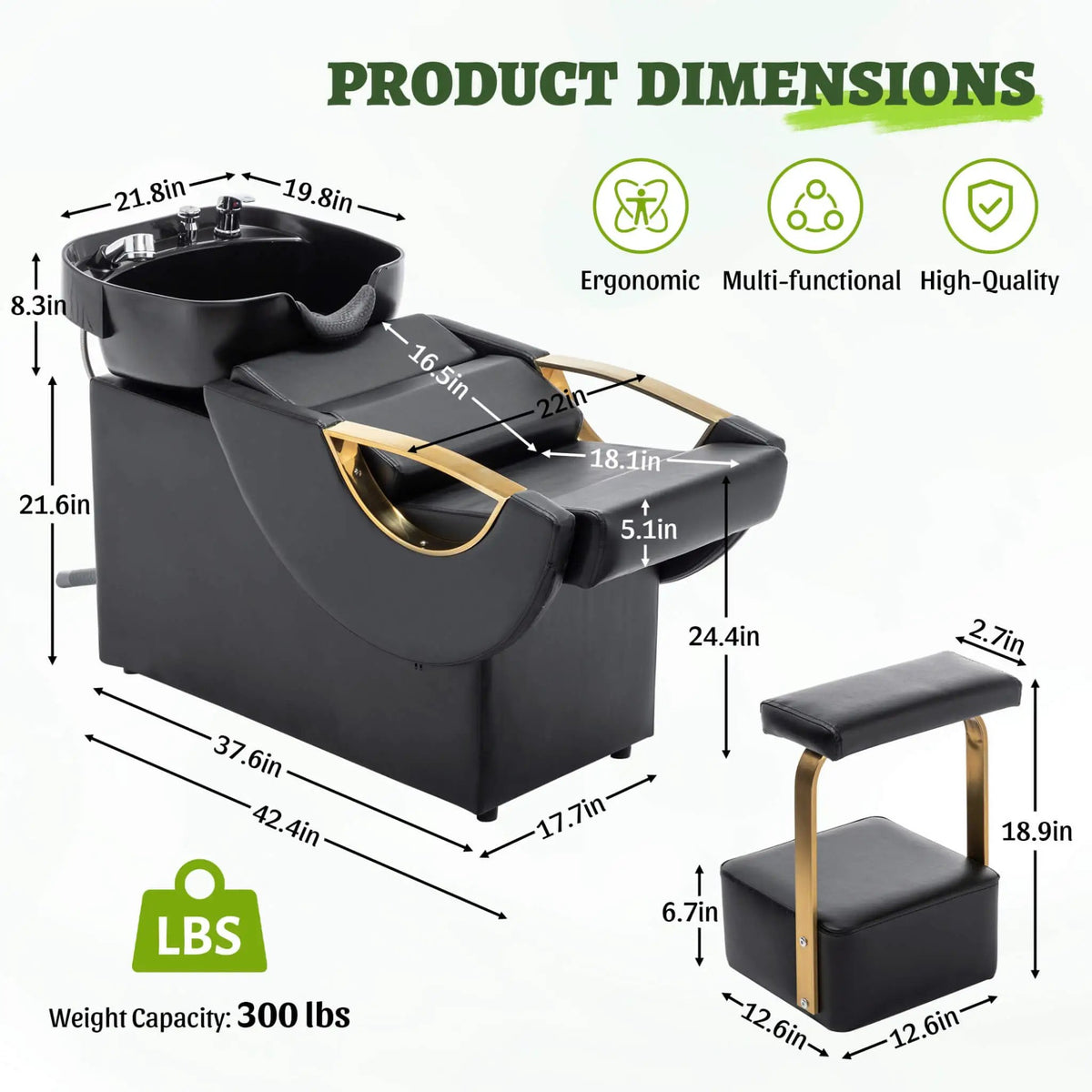 Salon Shampoo Bowl And Chair Set | Black And Gold Finish | Adjustable Footrest | Tilting ABS Sink