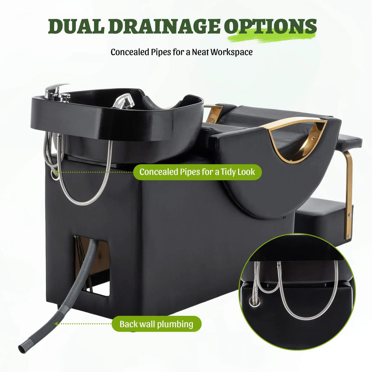 Salon Shampoo Bowl And Chair Set | Black And Gold Finish | Adjustable Footrest | Tilting ABS Sink
