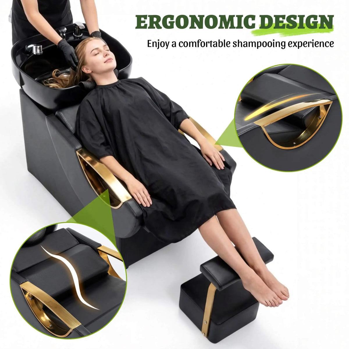 Salon Shampoo Bowl And Chair Set | Black And Gold Finish | Adjustable Footrest | Tilting ABS Sink