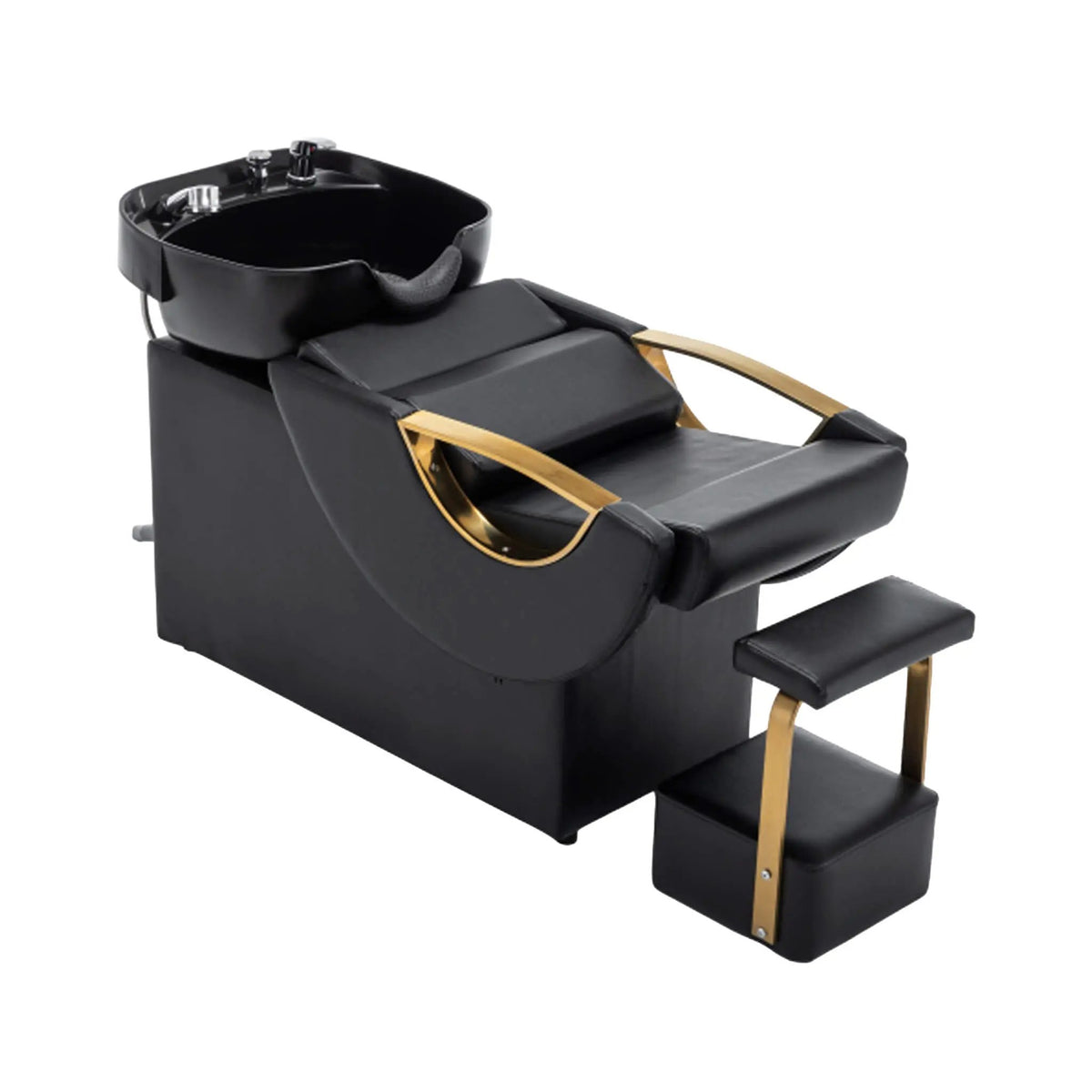 Salon Shampoo Bowl And Chair Set | Black And Gold Finish | Adjustable Footrest | Tilting ABS Sink