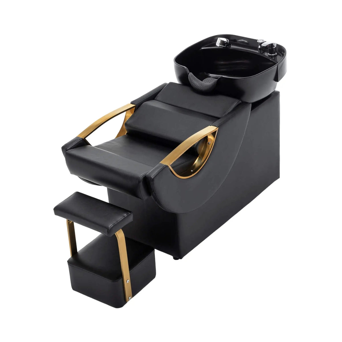 Salon Shampoo Bowl And Chair Set | Black And Gold Finish | Adjustable Footrest | Tilting ABS Sink