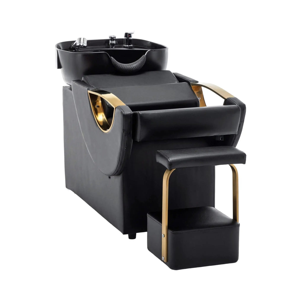 Salon Shampoo Bowl And Chair Set | Black And Gold Finish | Adjustable Footrest | Tilting ABS Sink
